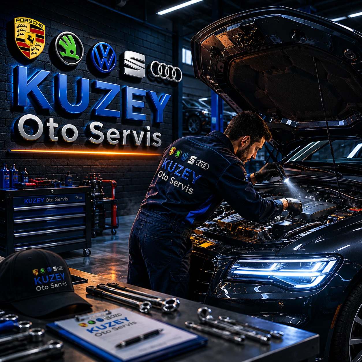 Kuzey Oto Servis teknisyeni Volkswagen araca müdahale ederken